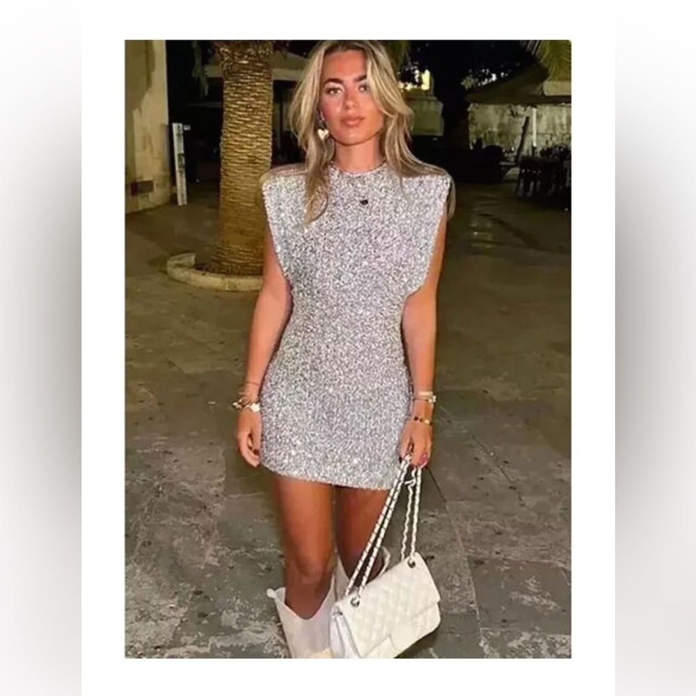 ZARA SILVER SEQUIN SHOULDER PAD MINI DRESS